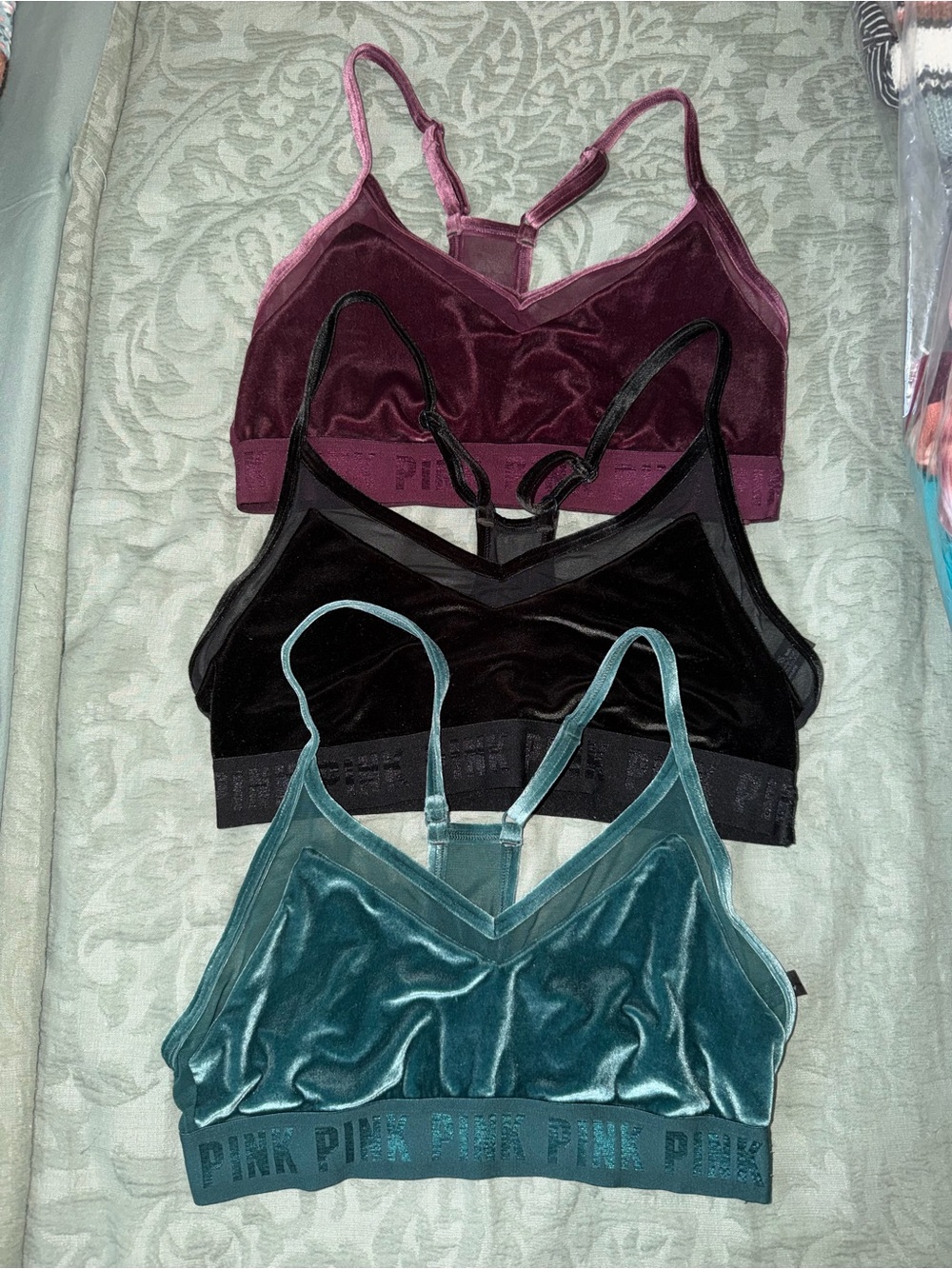 PINK Victoria's Secret Velvet Bralette Trio - Teal, Black & Burgundy